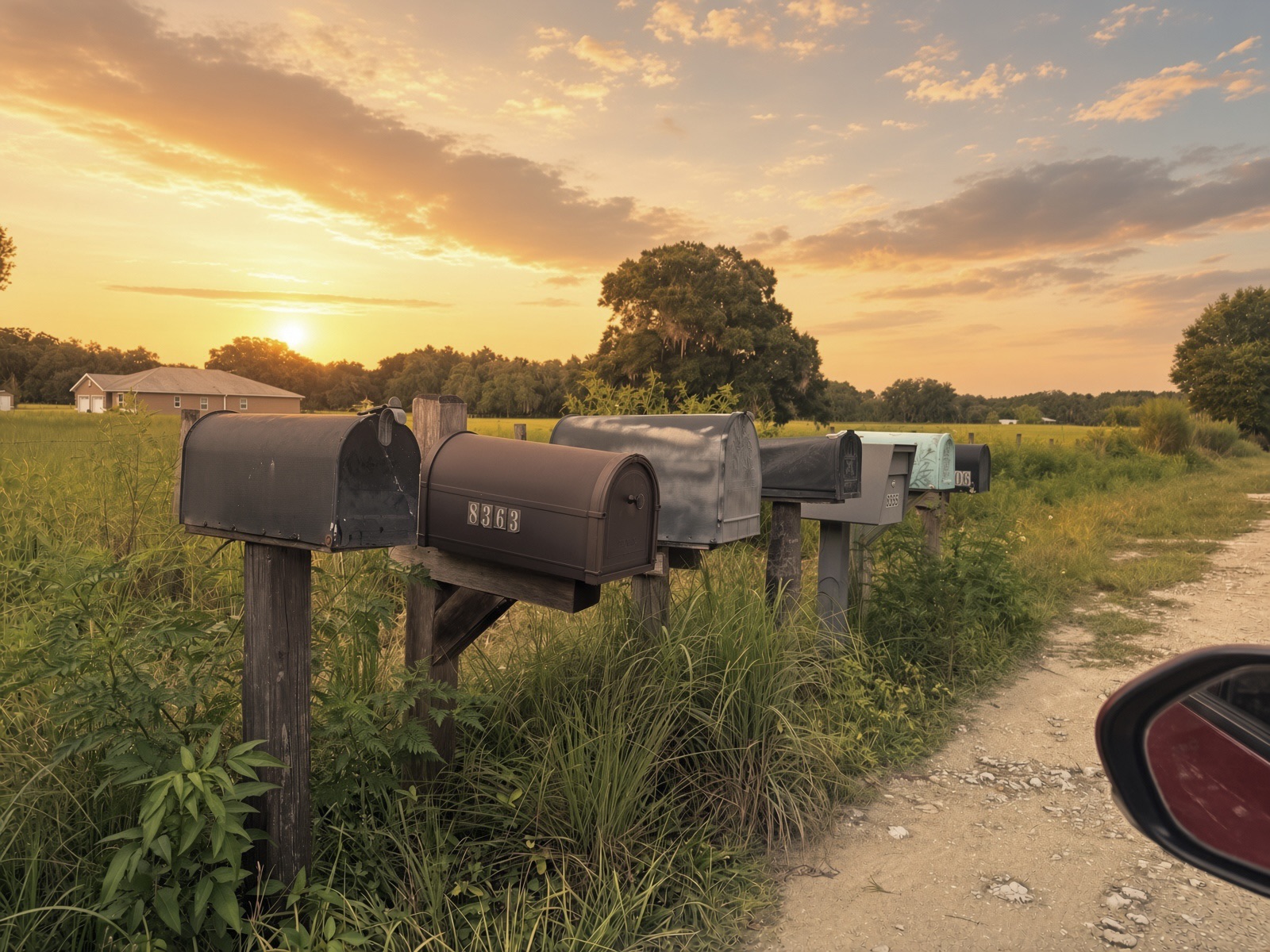 Rural mailboxes lined up along a dirt country road at sunset in Bushnell, Florida
