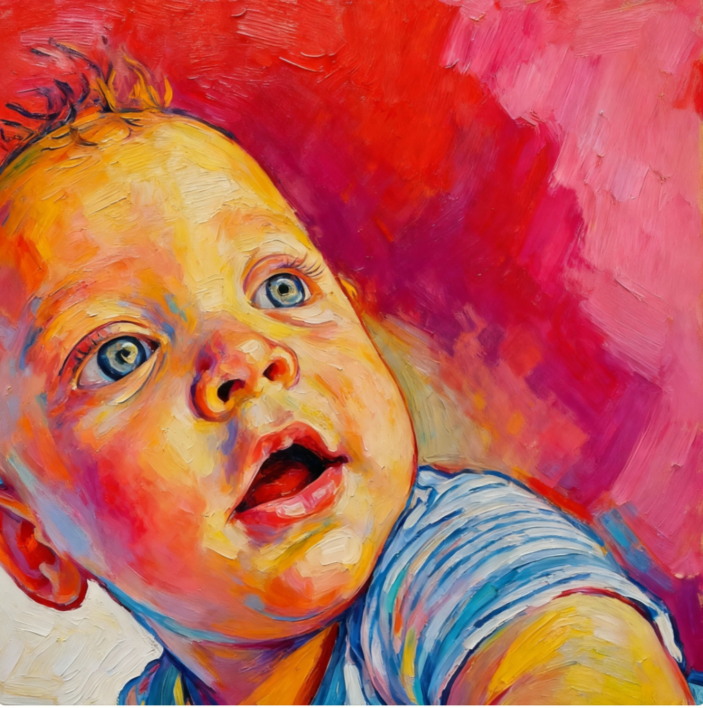 An oil-painted portrait of a baby looking up against a warm red background