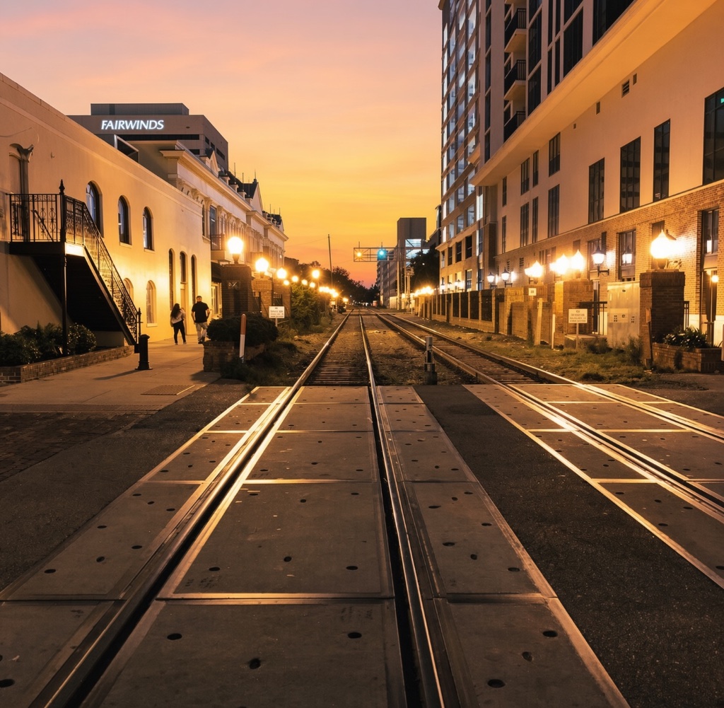 Railroad tracks converging toward the Orlando skyline at sunset, FAIRWINDS tower in the distance