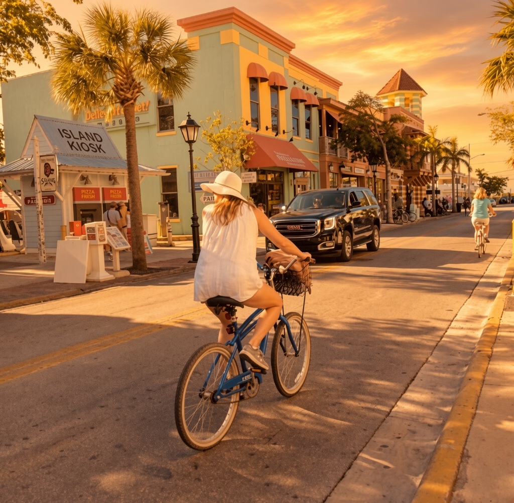 Duval Street Key West at sunset — shops with covered porches, palms, and evening light stretching to the horizon
