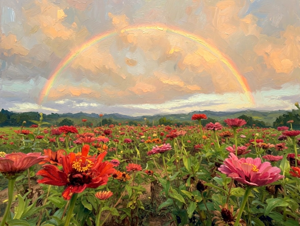 A field of red and pink zinnias glowing at golden hour beneath a full-arched rainbow stretching across a warm sky