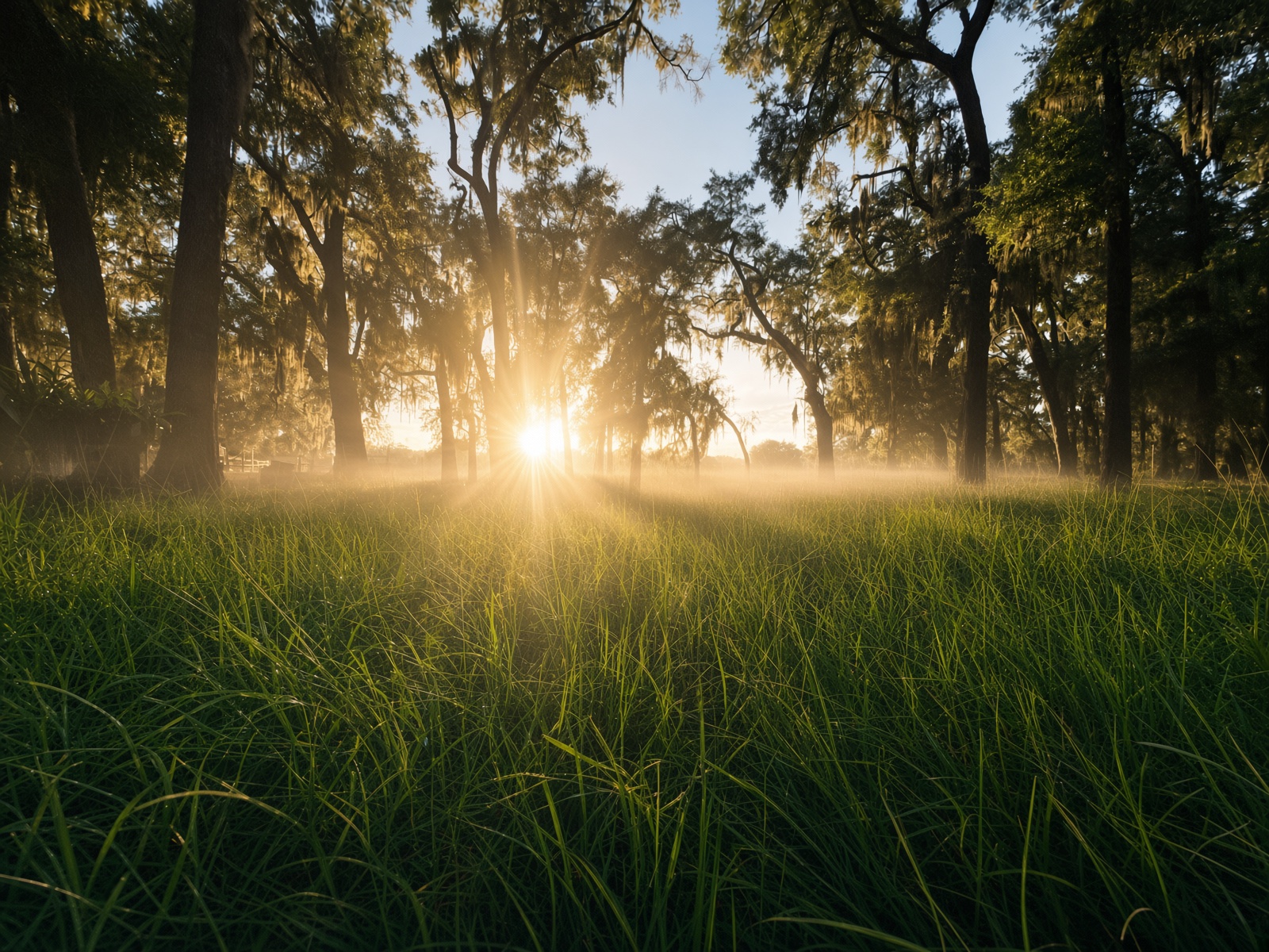 Misty golden-hour field at Sunny Fields — sunlight breaking through the trees over low-lying fog across the pasture
