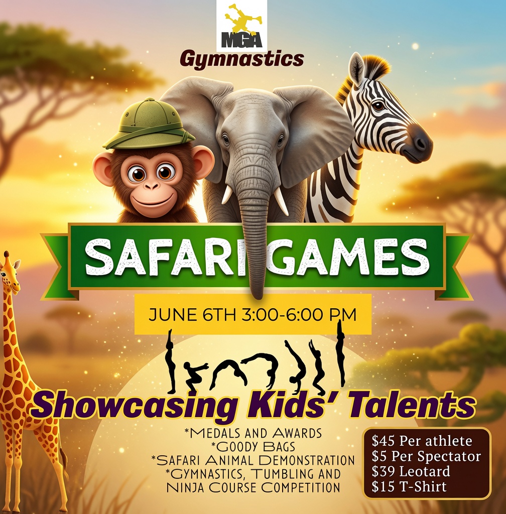 MGA Gymnastics "Safari Games" event flyer — kids' talents showcase with monkey, elephant, and zebra, medals, goody bags, and ninja course competition