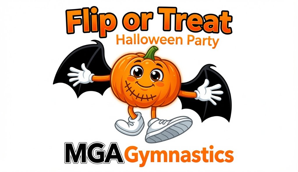 The MGA Gymnastics "Flip or Treat" Halloween party logo — a bat-winged pumpkin with gloves and shoes