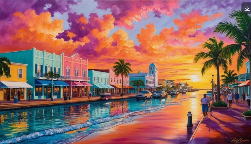Palm-lined waterfront shops bathed in sunset light