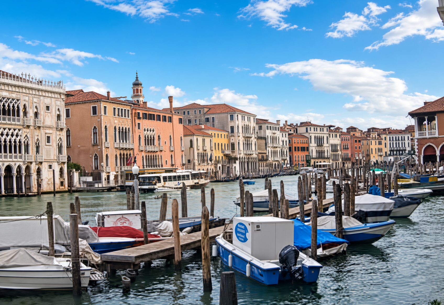 The Grand Canal in Venice with boats moored at the dock and Venetian palaces lining the waterway