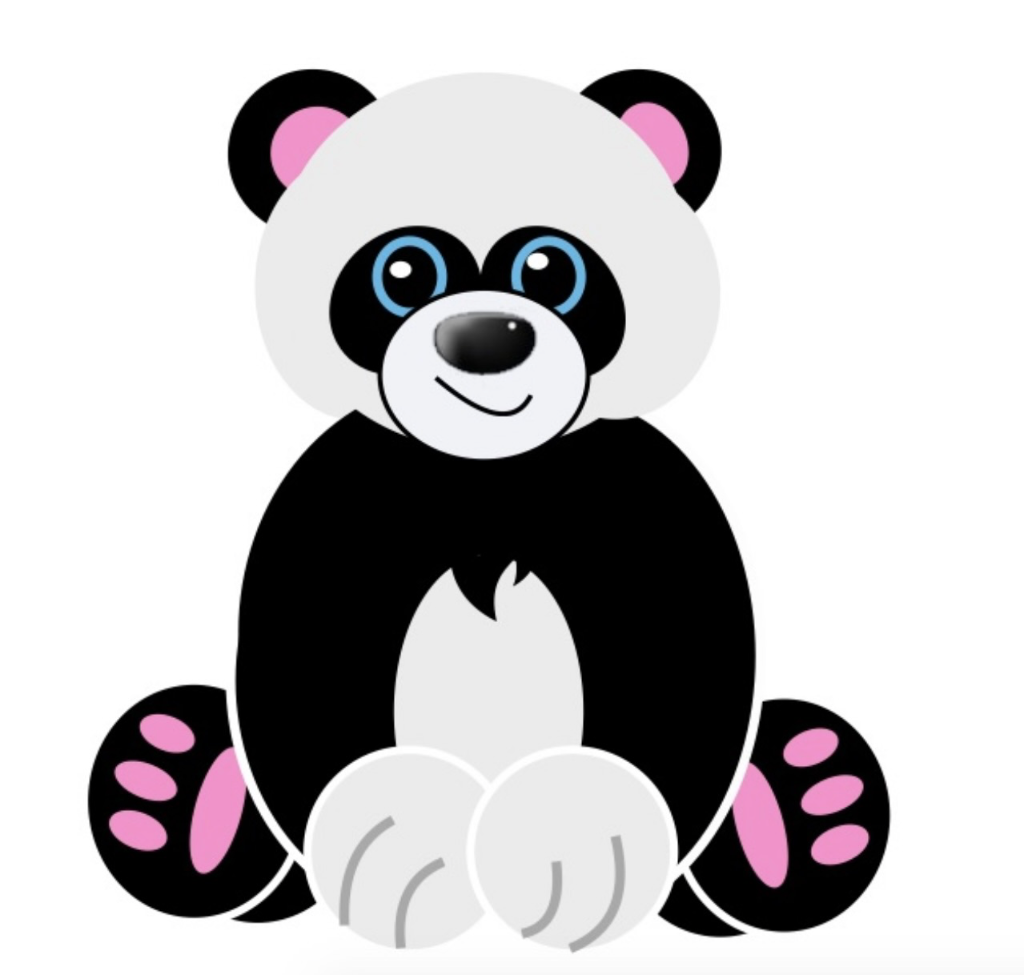 Banda — a stylized black-and-white panda sitting with pink paw pads