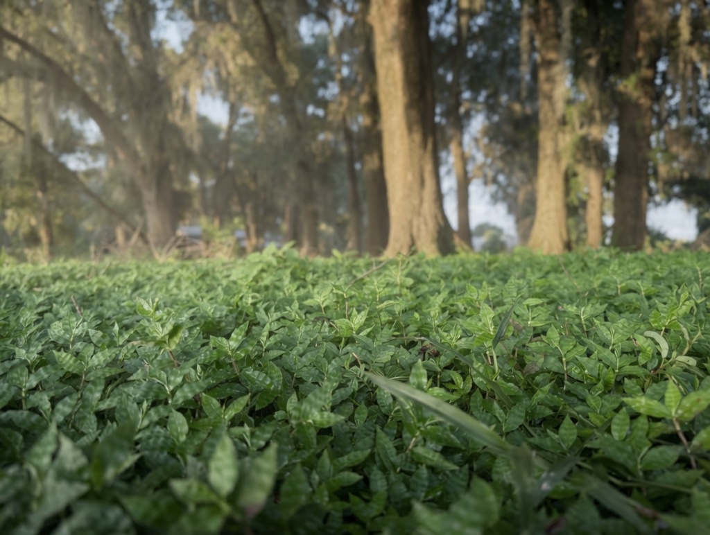 A thick carpet of low ground cover beneath the moss-draped oaks at golden hour