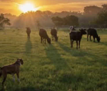 A farm dog watching the cattle graze across the misty field at sunrise