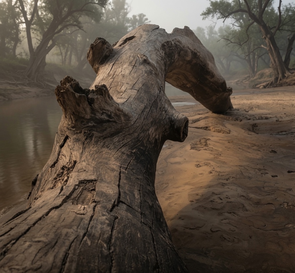 A weathered driftwood log resting on a sandy riverbank, soft morning fog drifting over the still water and leafless trees