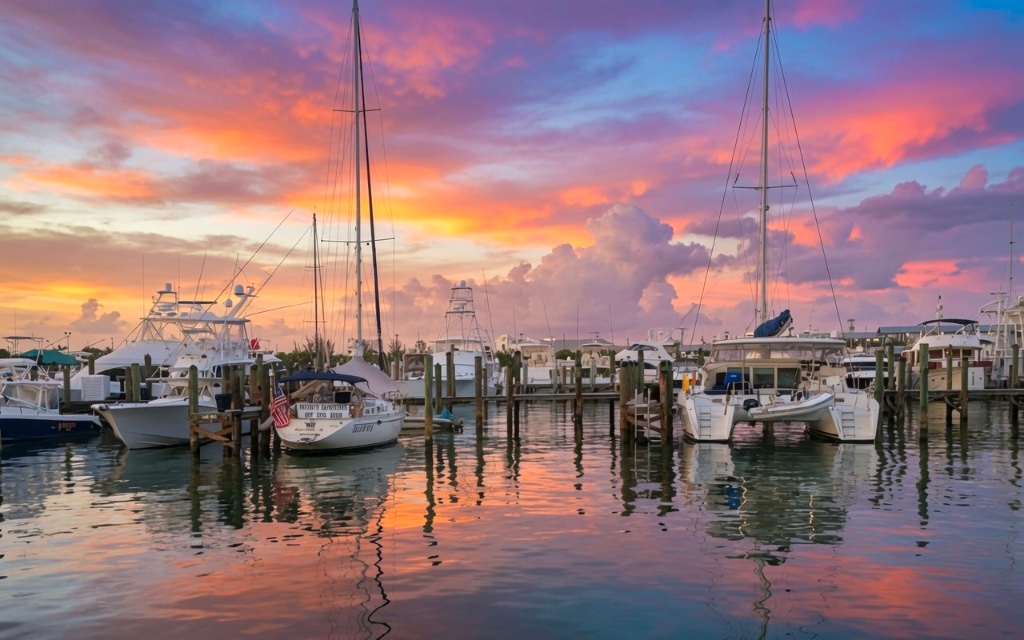 A crowded Key West harbor at sunset — yachts, catamarans, and powerboats moored to the pilings, the fiery sky mirrored in the still water