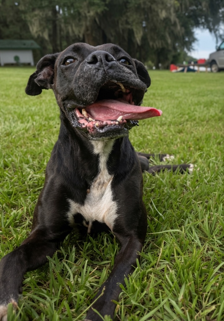 A happy black Boxer dog lying in the green grass, tongue out