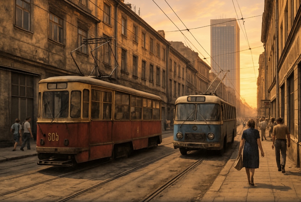 A vintage tram and bus rolling down a Polish city street at sunset, pedestrians along the sidewalk