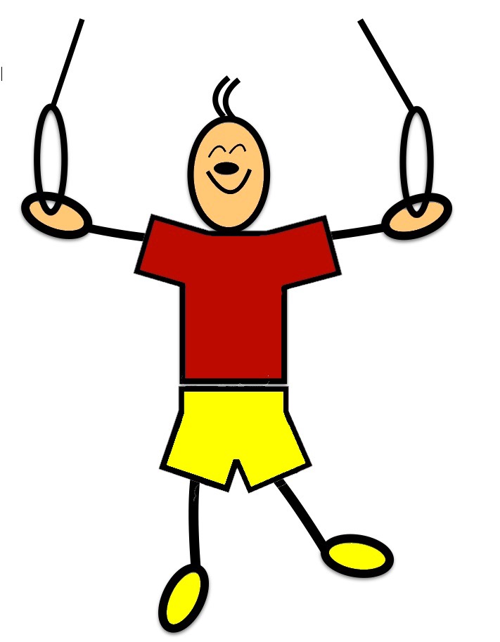A cartoon character hanging from gymnastic rings