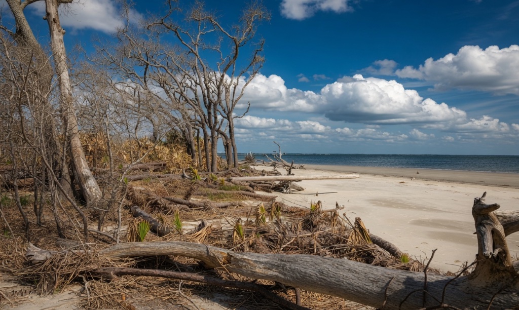 Weathered driftwood and skeletal trees on a sandy Florida shoreline