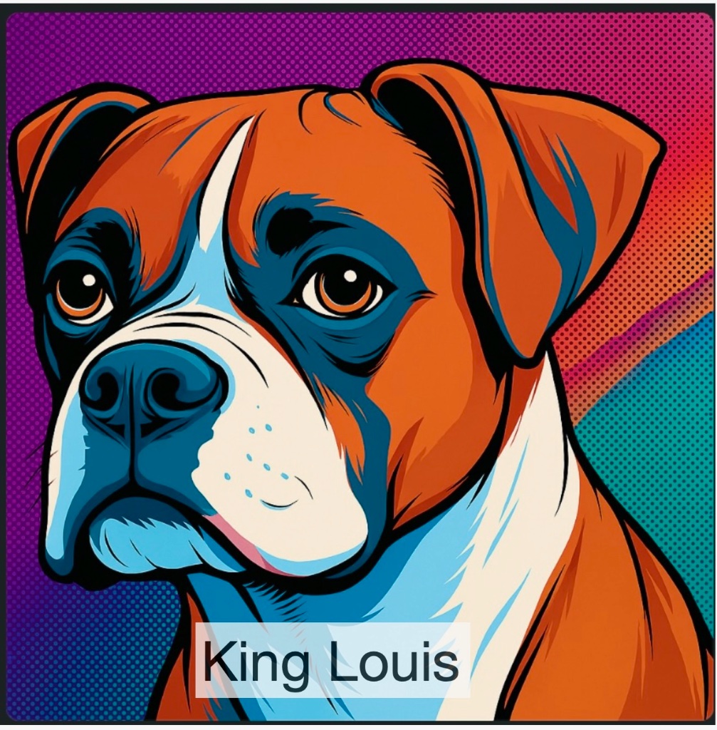 A pop-art style portrait of a boxer dog named King Louis