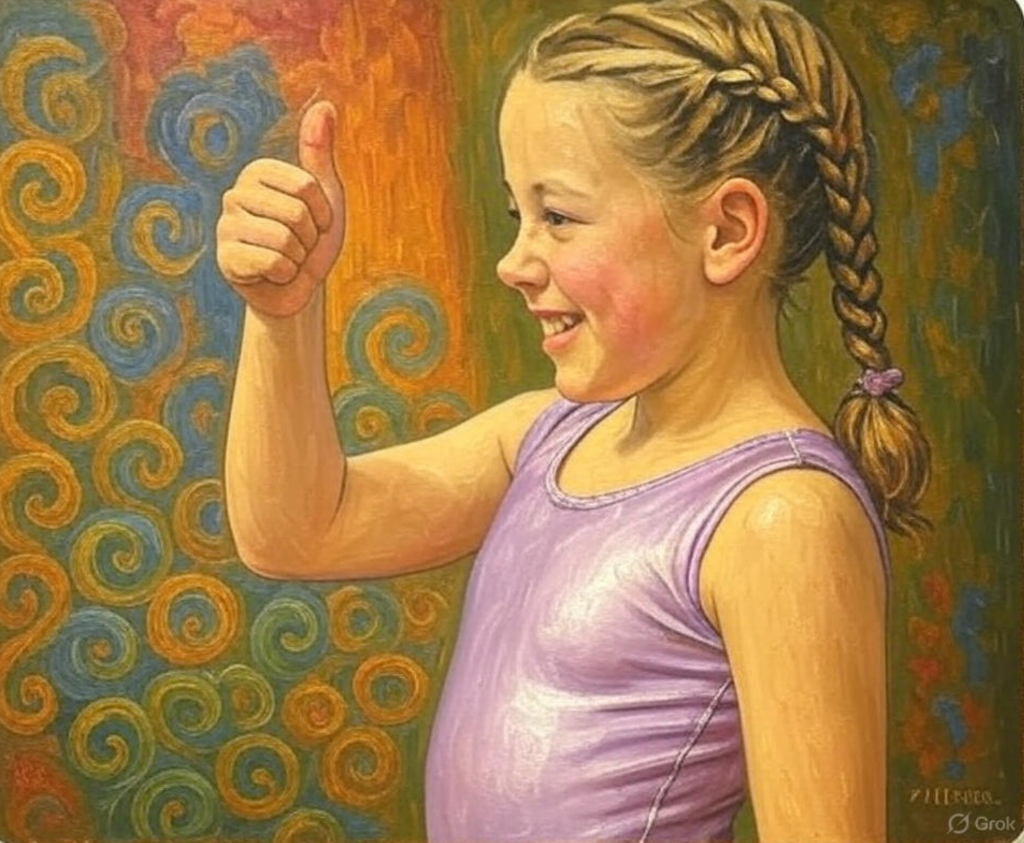 An oil-painted portrait of a young girl with braids giving a thumbs up