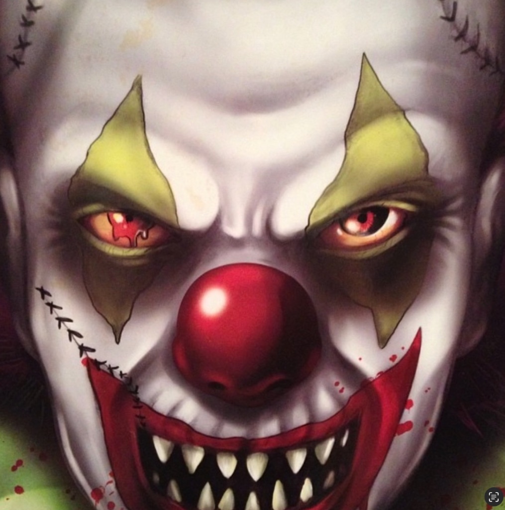 A sinister stitched-face clown with menacing red eyes and sharp teeth