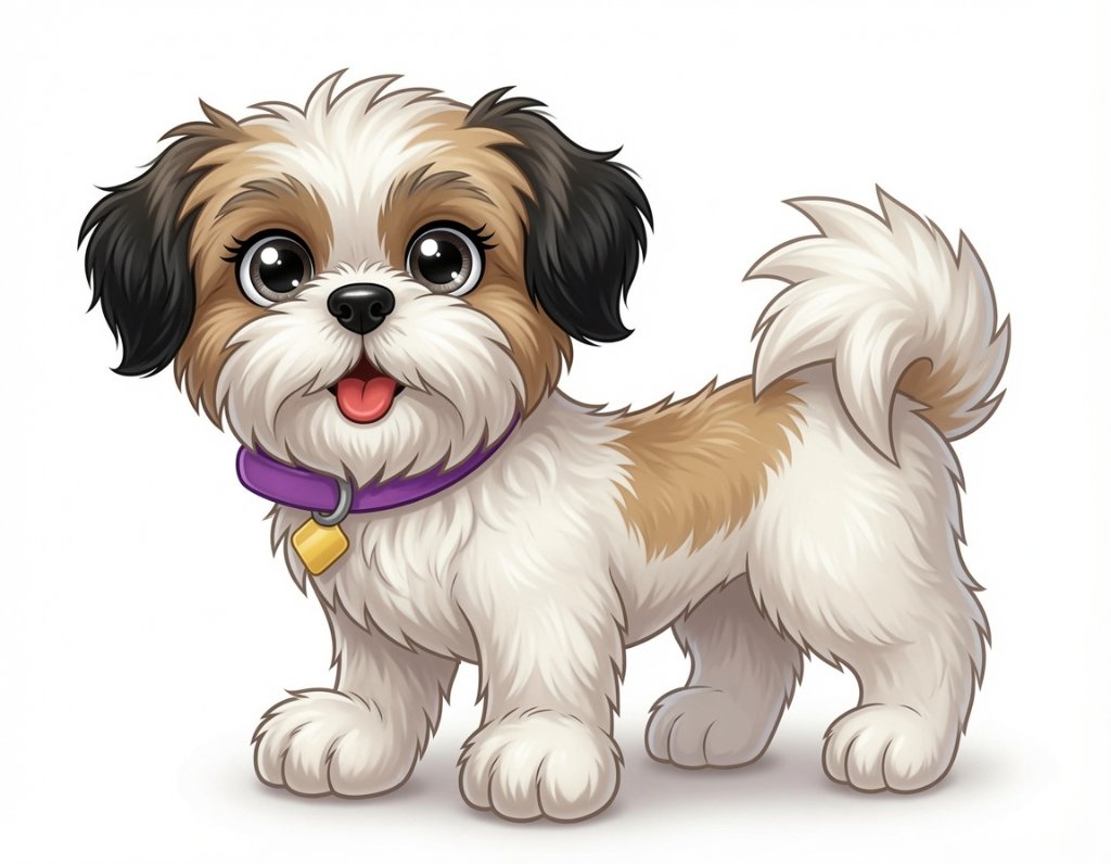A digital illustration of a small fluffy dog with white-and-tan fur, black ears, and a purple collar with a yellow tag