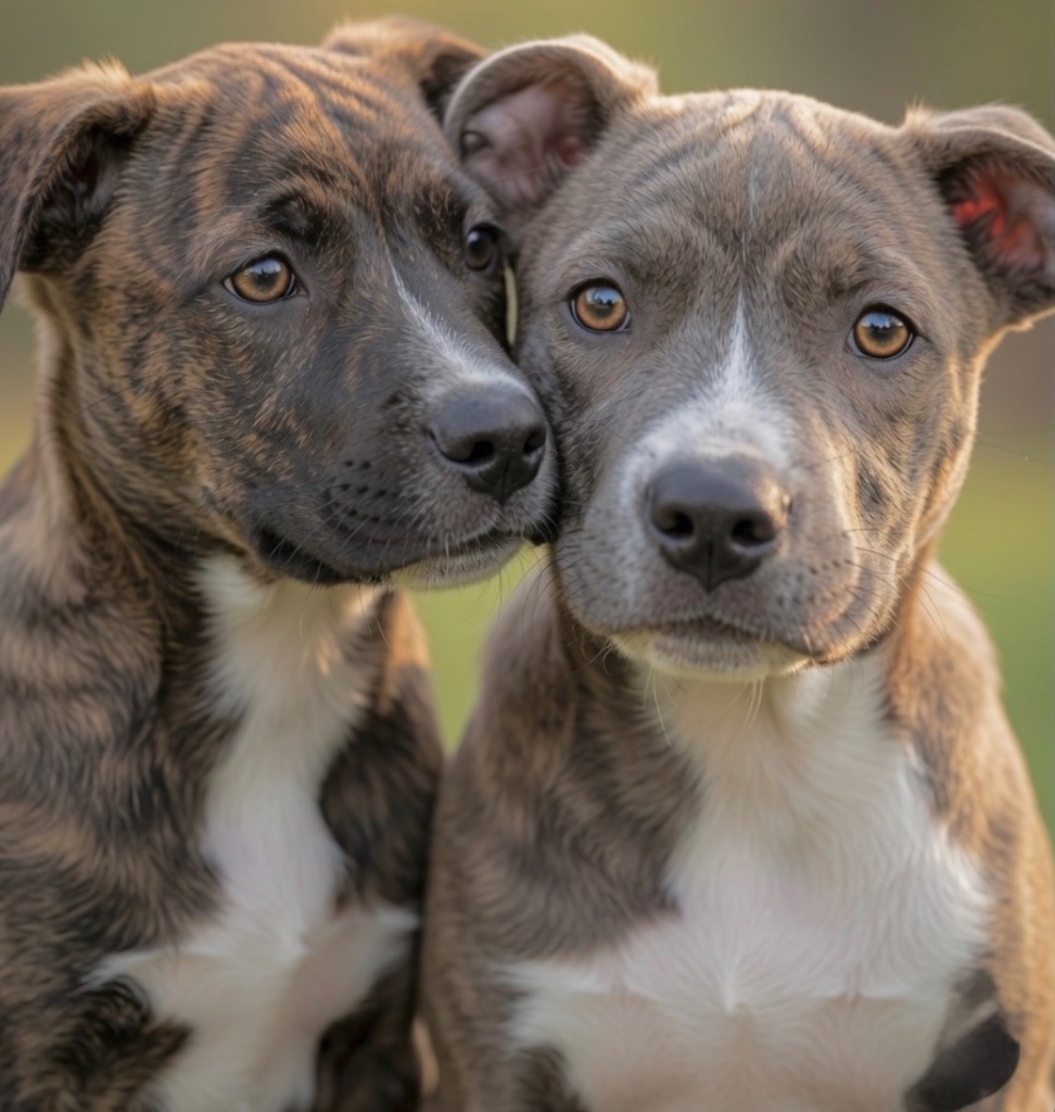 Two puppies side by side — a brindle and a blue-grey — both watching the camera close up