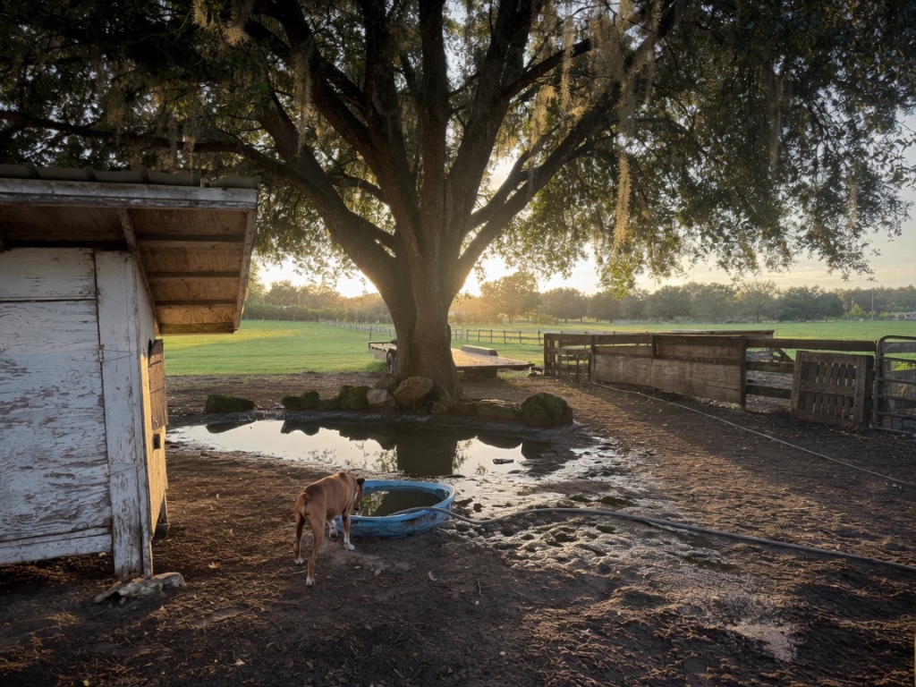 A light-brown dog drinking from the blue water tub beneath the moss-draped oak at sunset