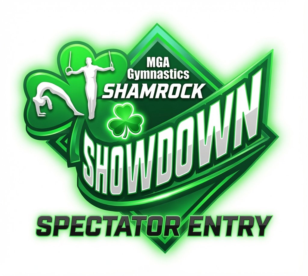 The MGA Gymnastics "Shamrock Showdown" spectator-entry logo — a green diamond with a shamrock and white gymnast silhouette