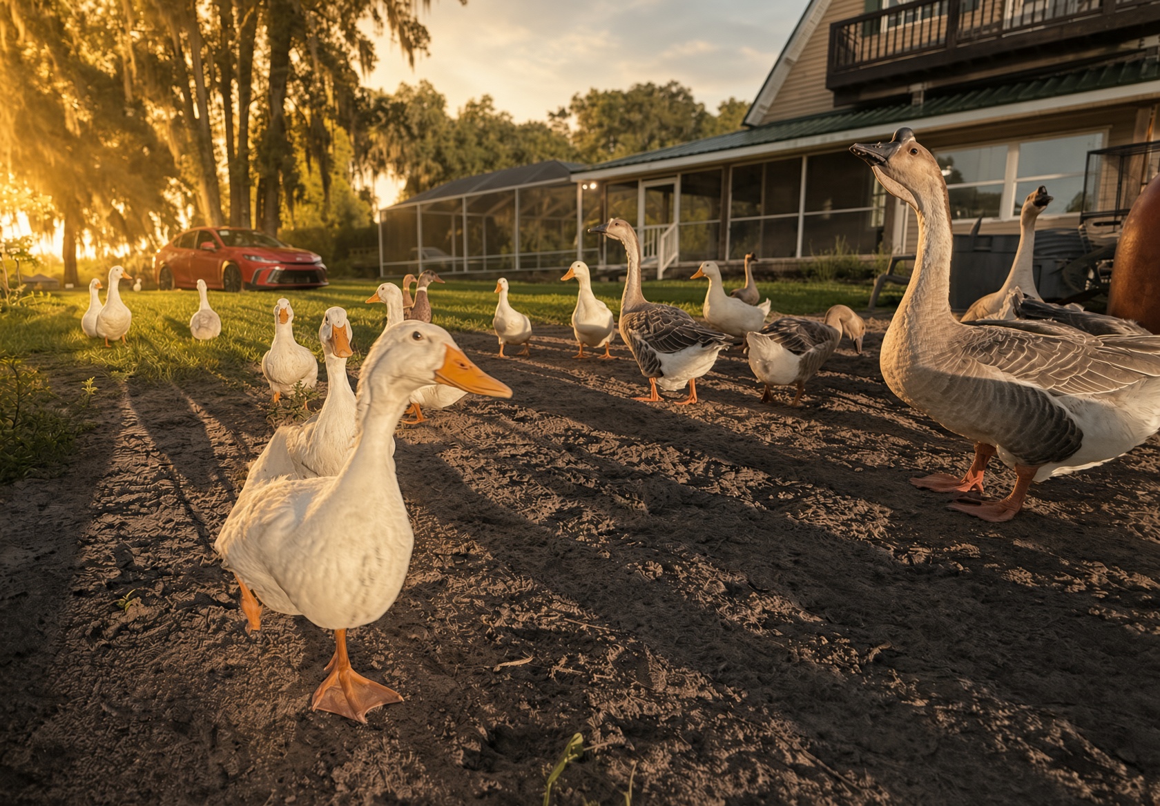 Geese and ducks crossing the dirt yard at golden hour in front of the farmhouse at Sunny Fields