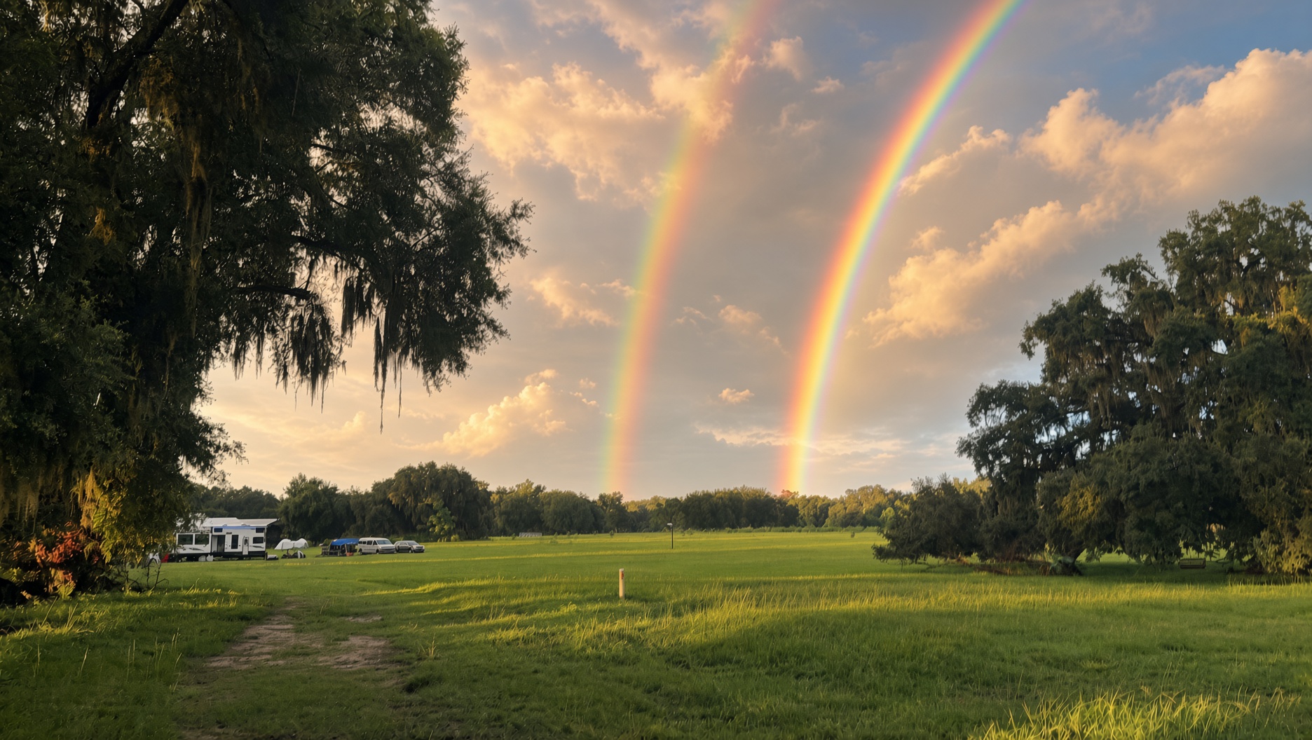 Sunrise starburst through the live oak over the cattle alley at Sunny Fields Farms — mist and orange sky