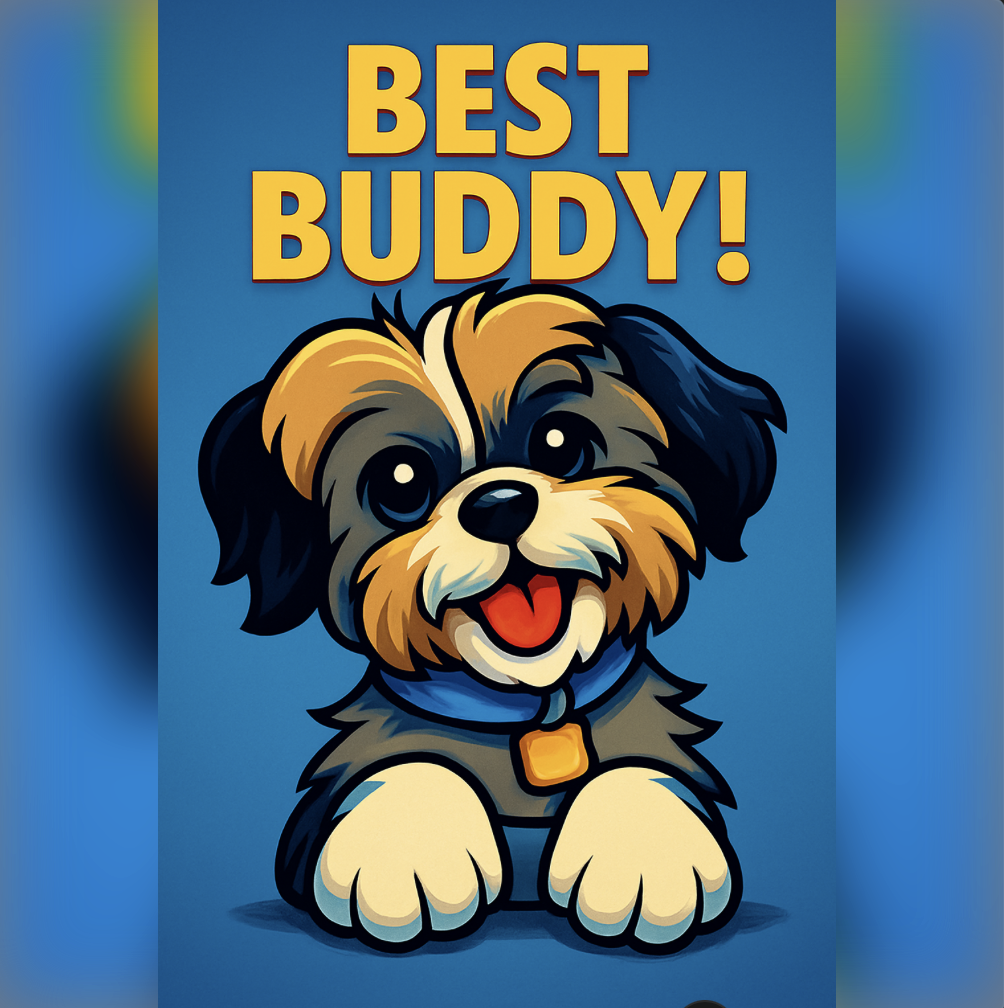 A "Best Buddy!" poster featuring an adorable puppy with floppy ears
