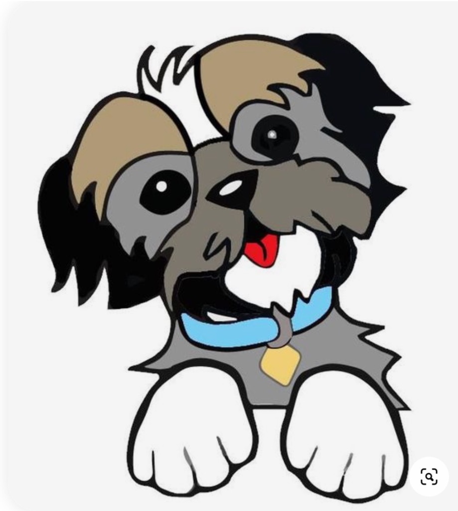 A scruffy shih tzu cartoon dog with a blue collar and playful expression