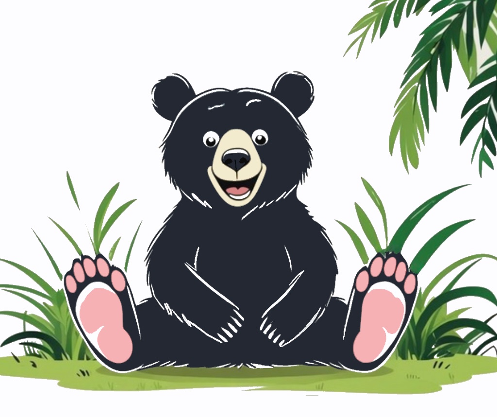 A cartoon black bear sitting in the grass
