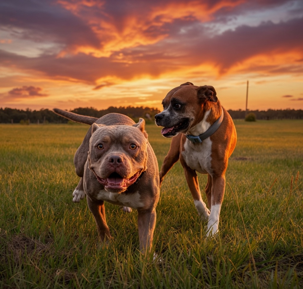 Two farm dogs standing together in the pasture at sunset