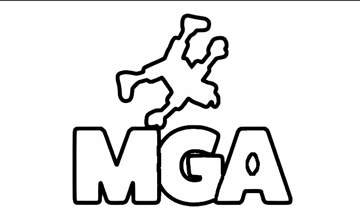 An MGA Gymnastics coloring page with a tumbling gymnast silhouette