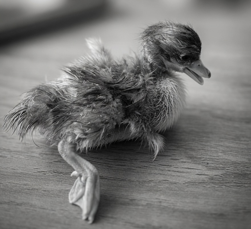 A newly hatched duckling sits on a wooden surface, wet feathers still drying, tiny webbed feet visible — a fragile first moment of life