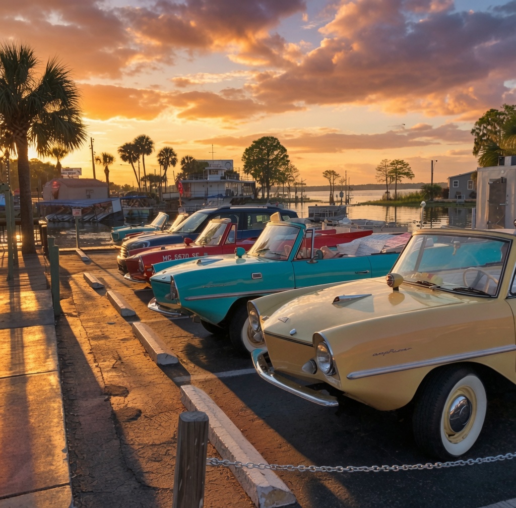 Vintage amphicar convertibles parked at a Florida lakeside marina at a vivid orange sunset