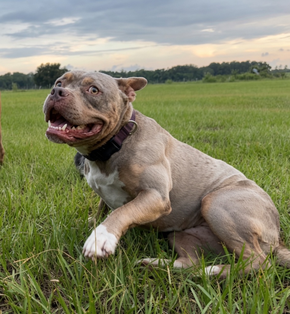 A brindle farm dog keeping watch over the field on a cloudy afternoon