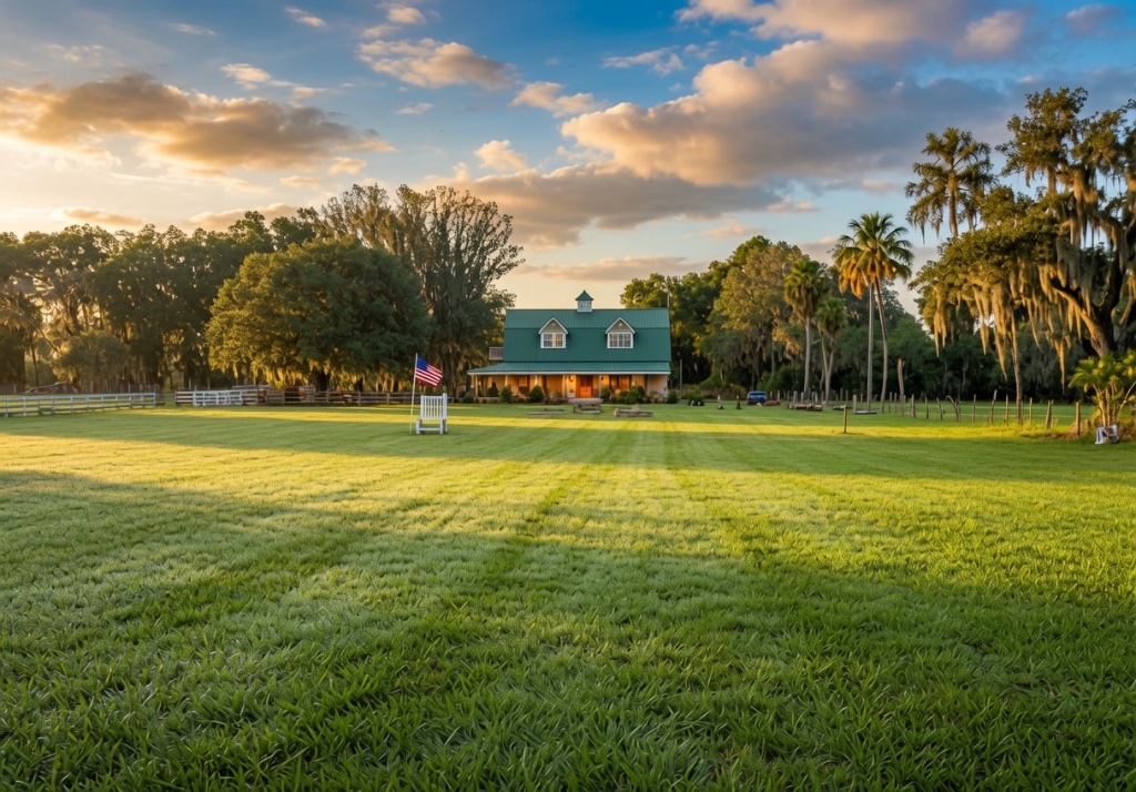 A two-story farmhouse with a green tin roof glowing beneath a pastel sunset sky, an American flag planted beside a lone white chair on the lawn, palms and Spanish moss behind
