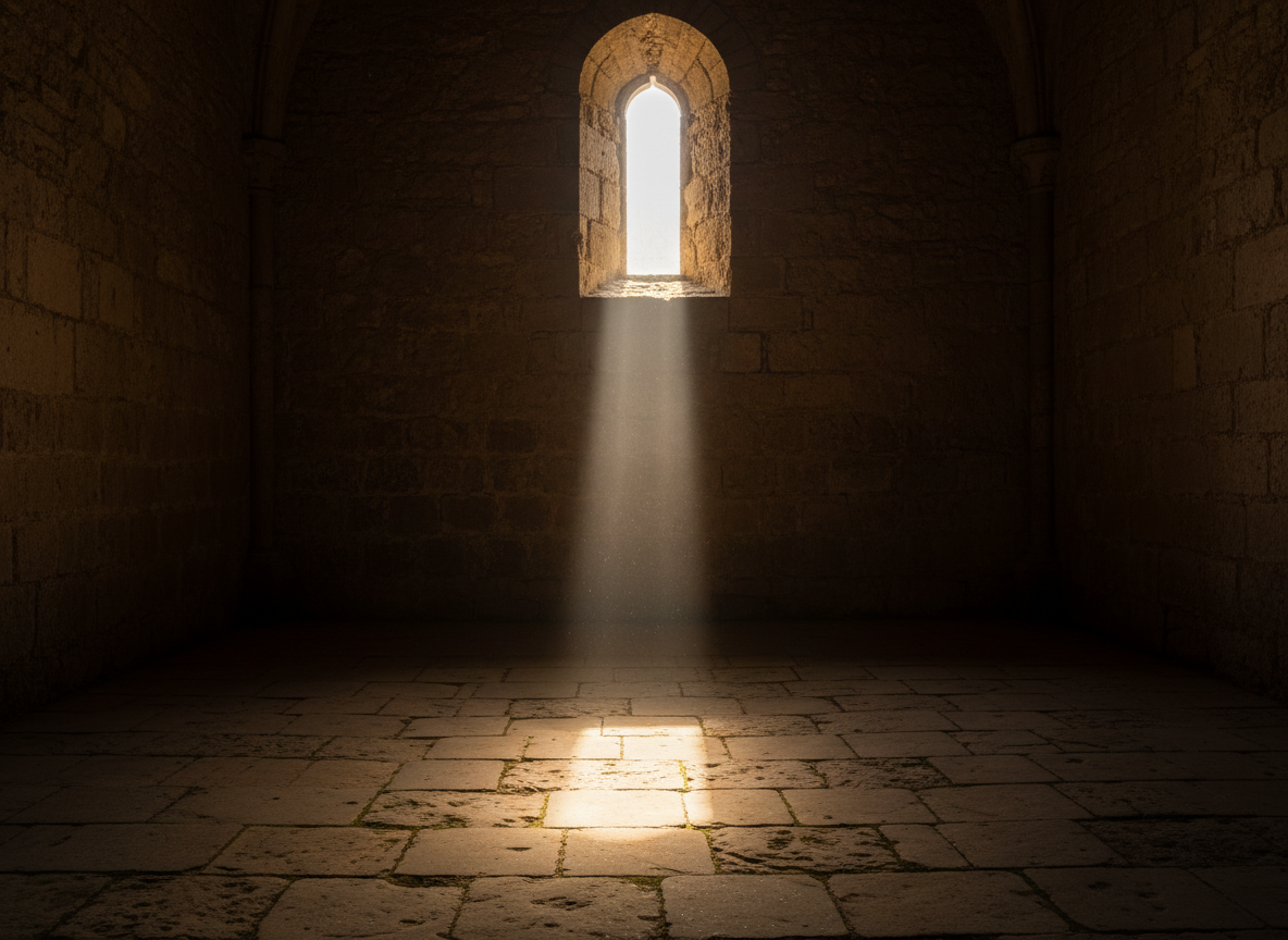 A beam of light illuminating a stone floor