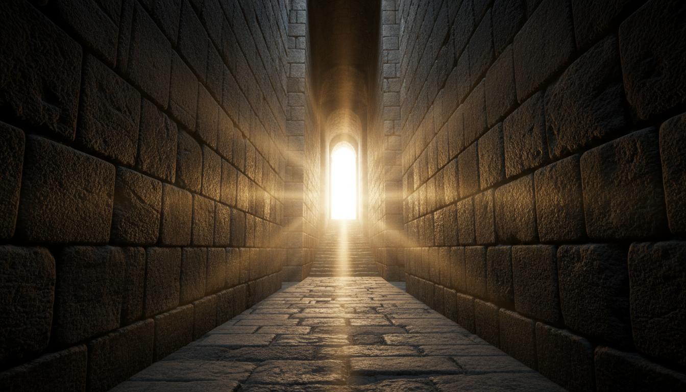 A narrow stone corridor leading toward divine light