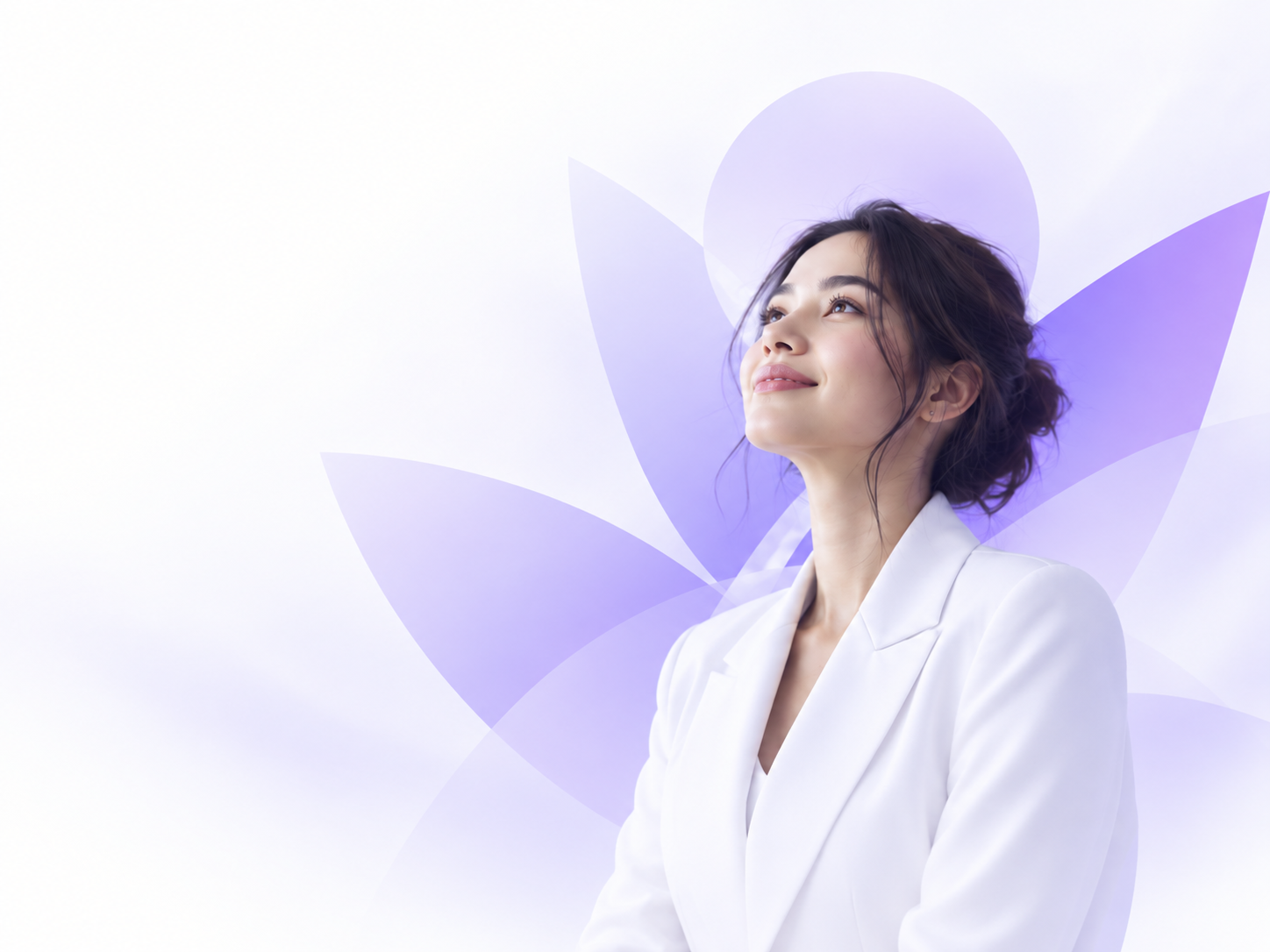 Professional portrait set against soft purple leaves