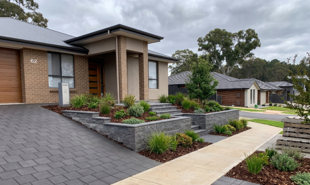 Driveway with retaining wall, plants and mulch