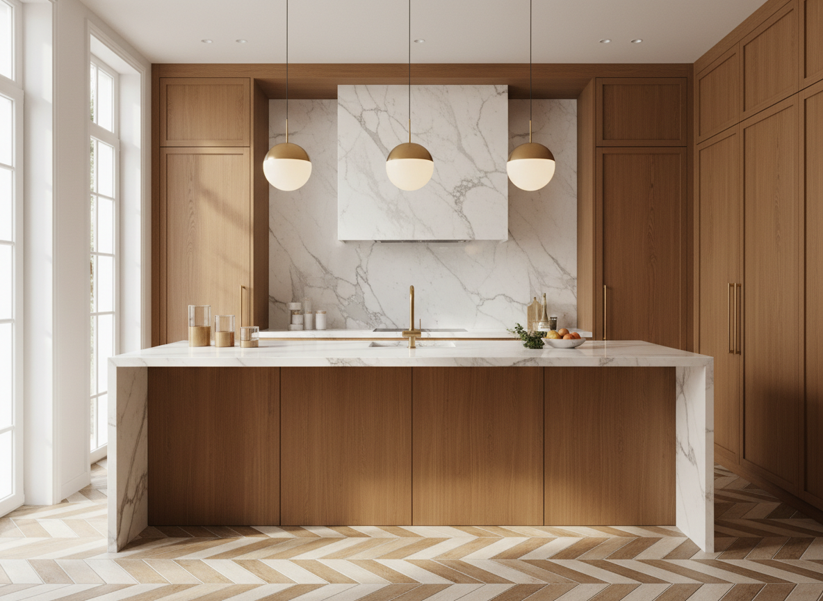 Elegant kitchen with marble backsplash and premium stone countertop by Decora Tile and Stone