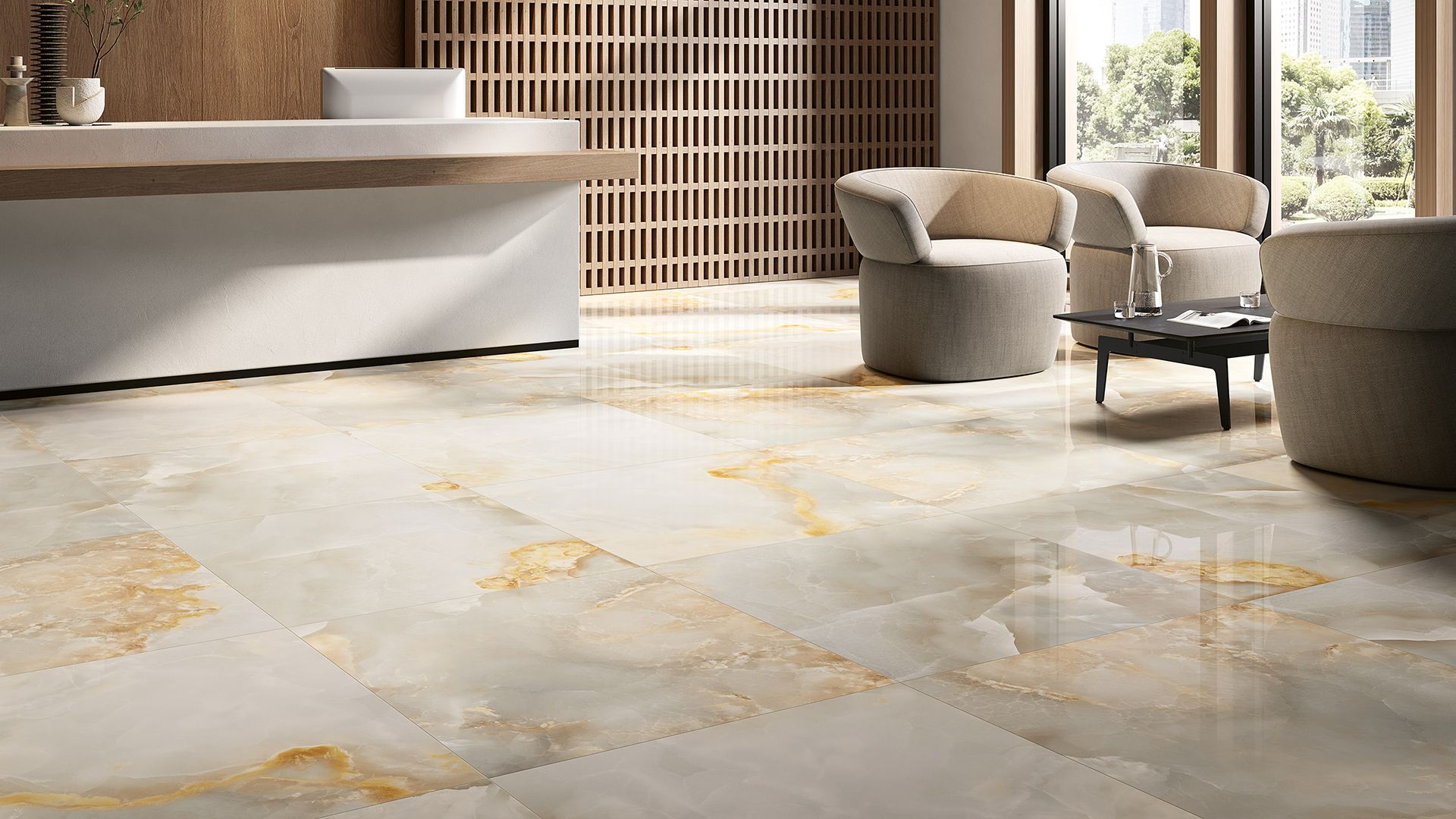Premium natural stone and tile material samples showing marble veining, travertine texture, and warm neutral tones at Decora Tile and Stone showroom