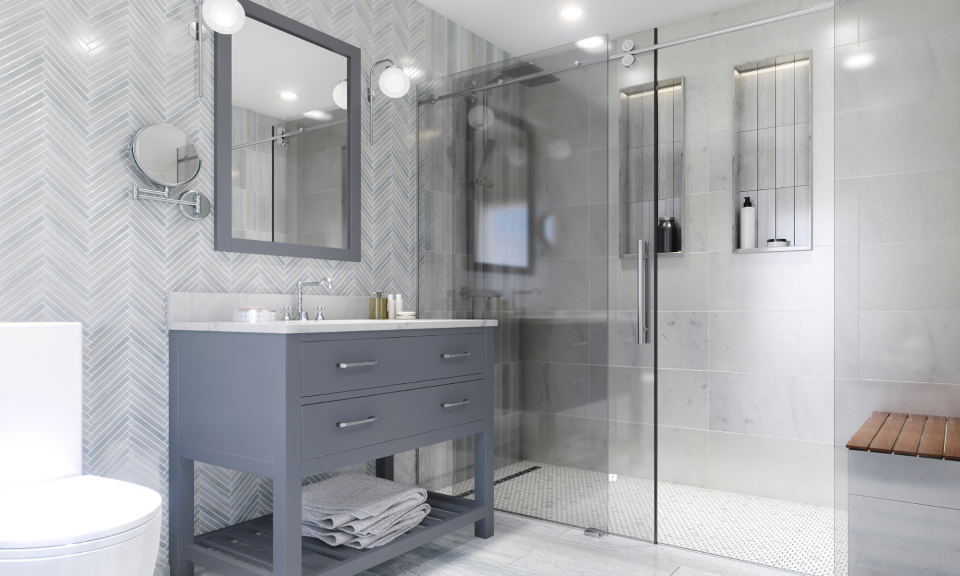 Inside the Decora Tile and Stone showroom — homeowners exploring bathroom tile and stone materials