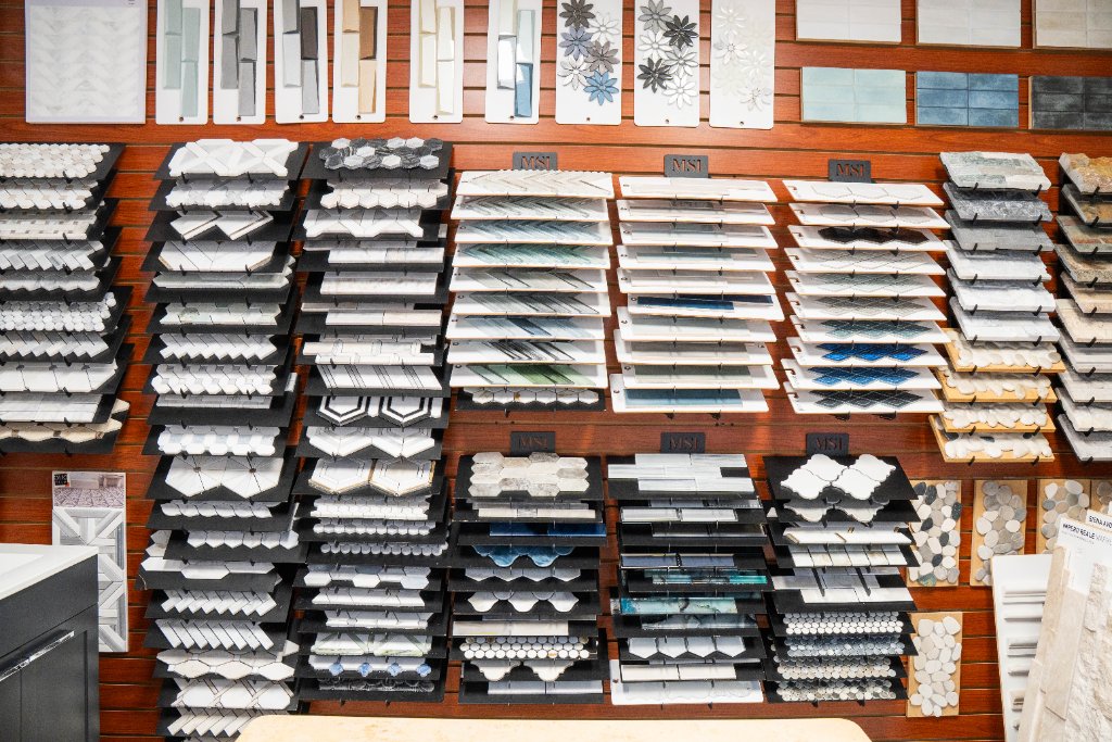 Inside the Decora Tile and Stone showroom in Old Bridge, NJ — homeowners exploring tile and stone materials