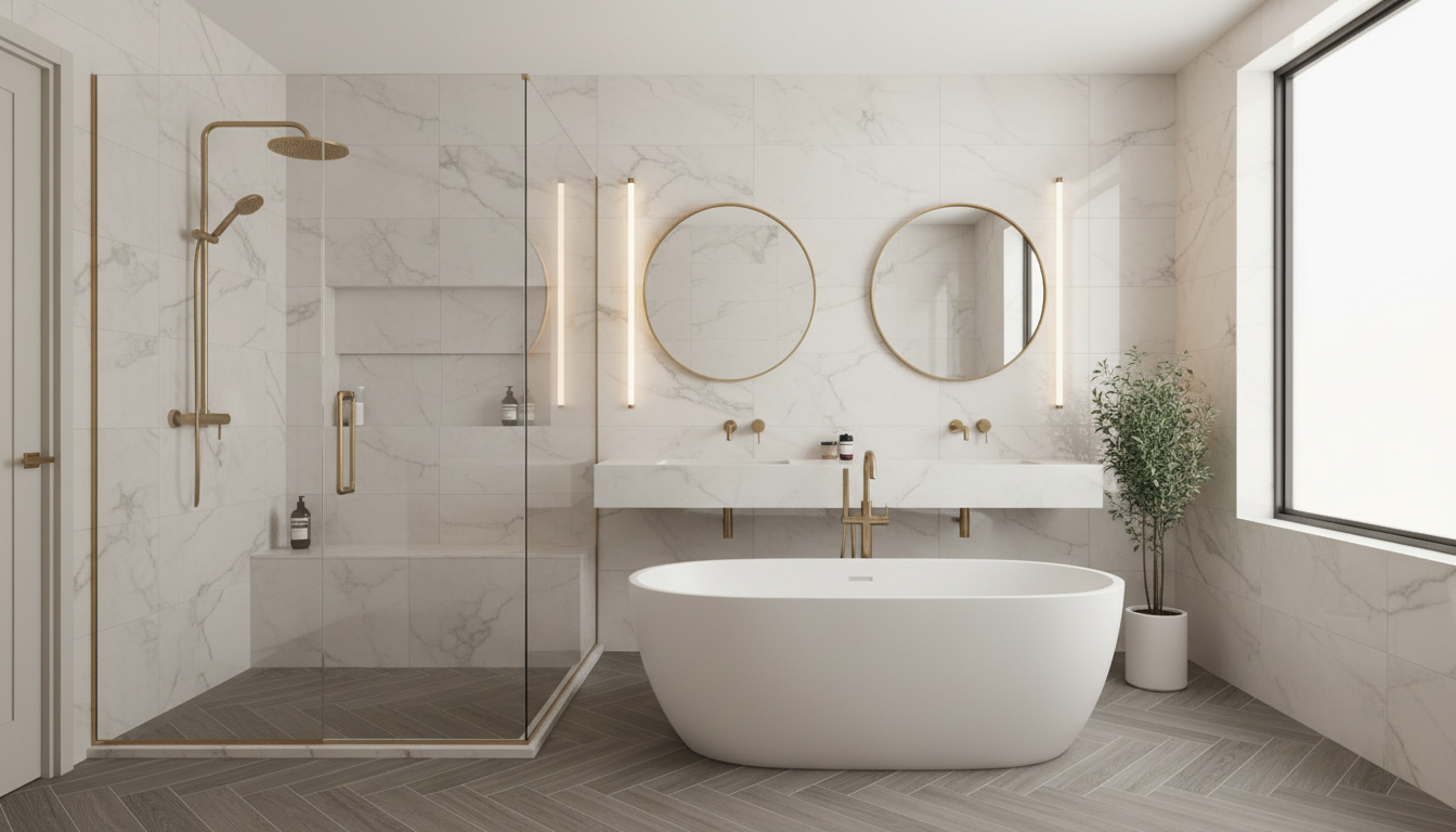 Luxury bathroom with marble tile walls, glass shower, and premium stone flooring — designed and installed by Decora Tile and Stone in Old Bridge, NJ