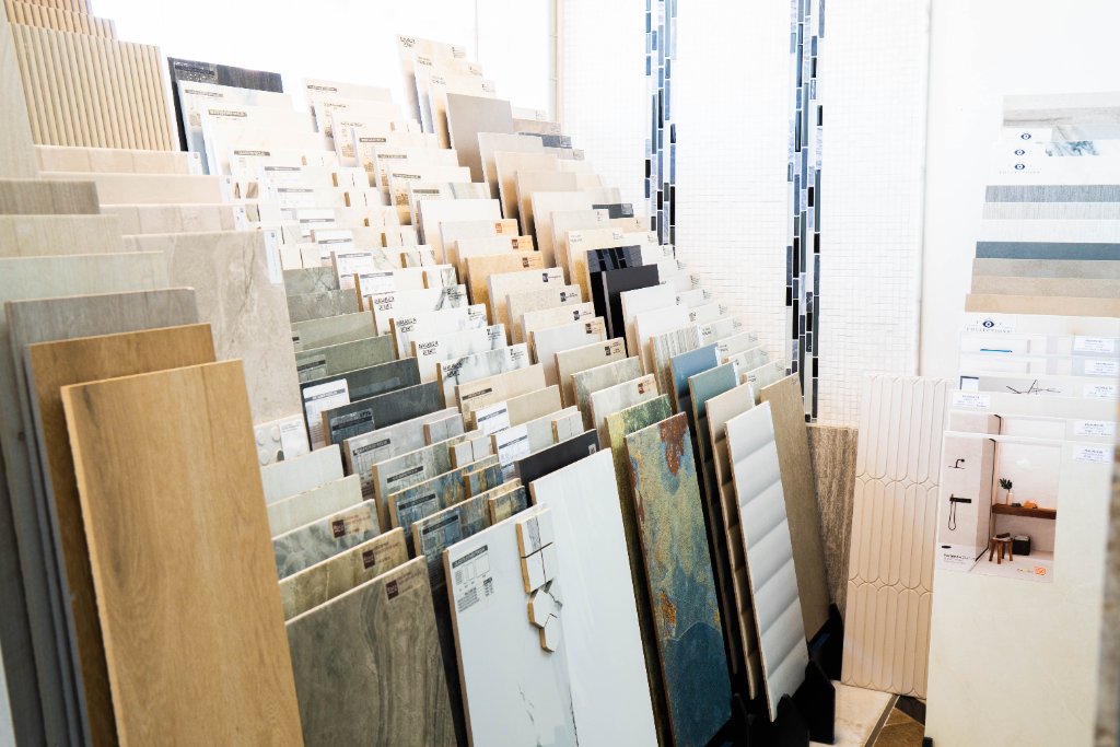 Tile and stone display racks in Decora showroom
