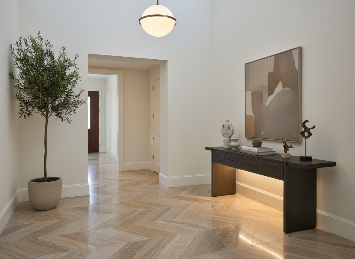 Premium natural stone floor tile in warm neutral tones installed by Decora