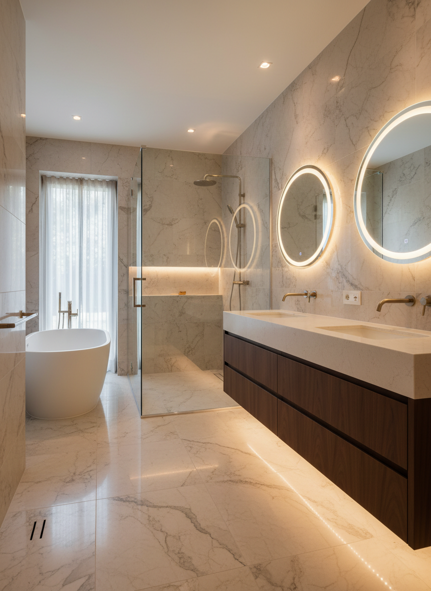 Luxury bathroom with premium marble tile and stone surfaces designed by Decora Tile and Stone