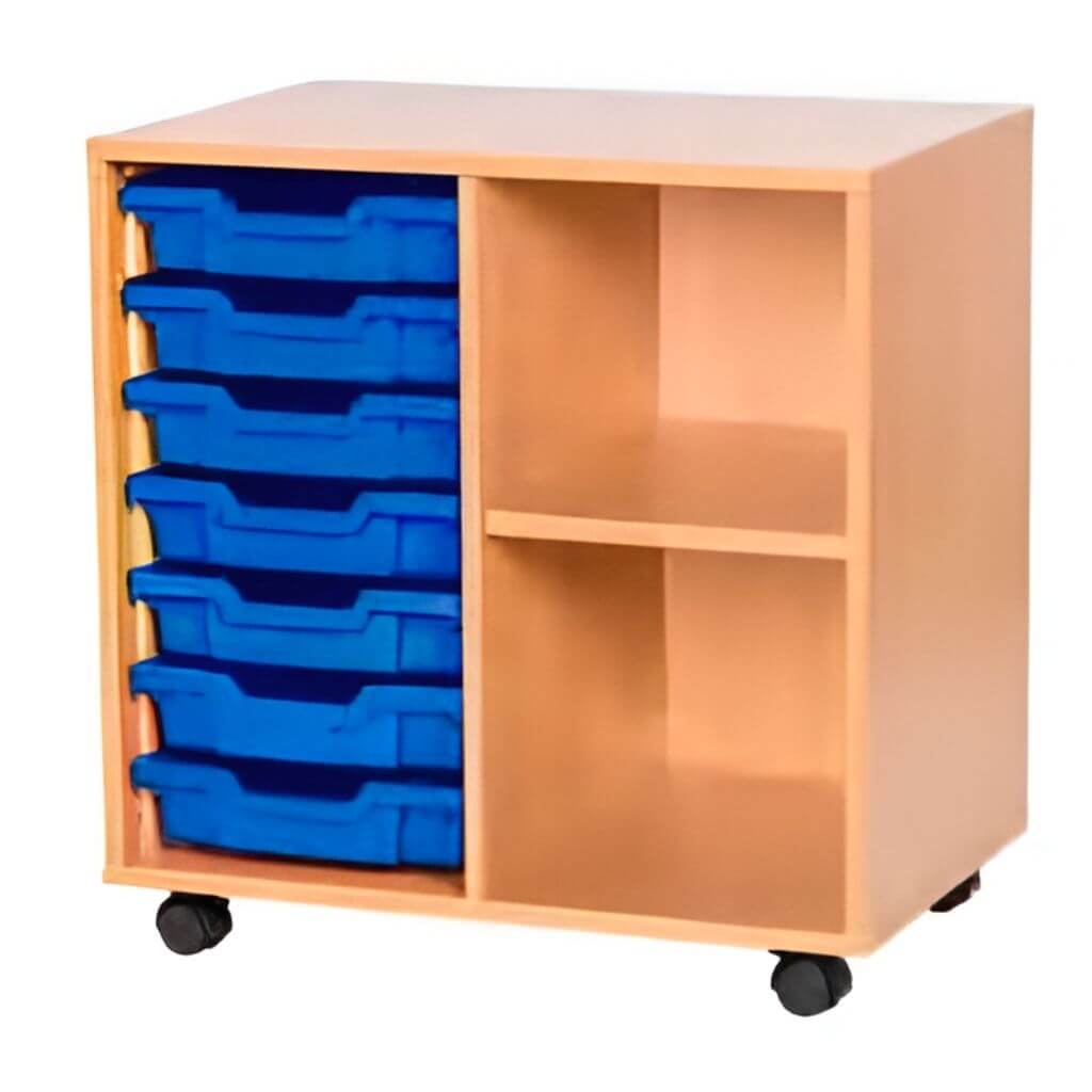 Wood Mobile Classroom Organizer with Blue Trays and Open Cubbies
